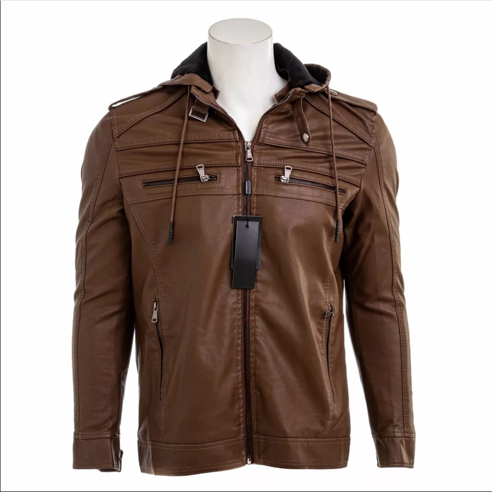 Montero Men’s SIZE LARGE Slim Fit Brown Faux Leather Hoodie Jacket